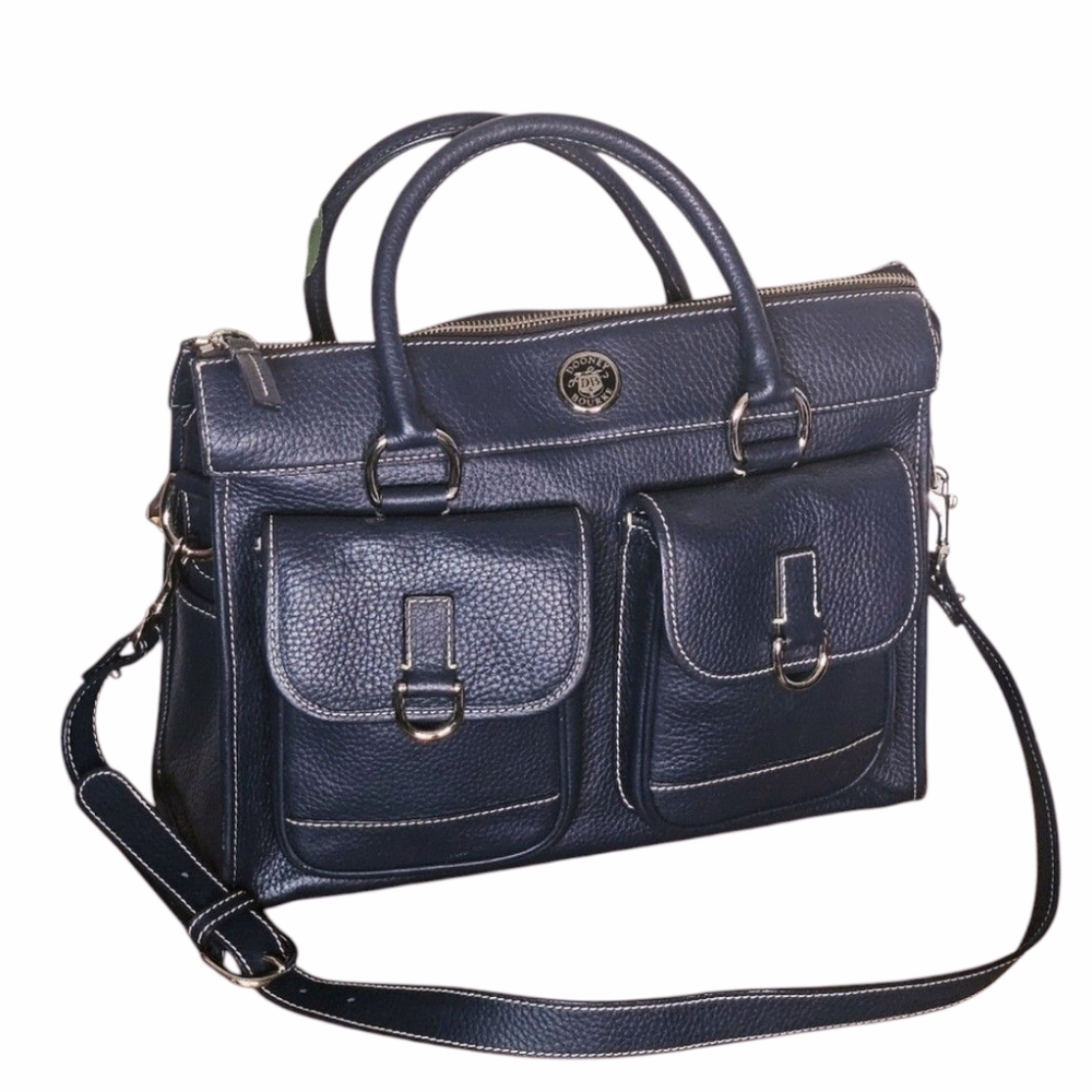 Dooney & Bourke Marine Navy Blue Leather Double Pocket Tote With Feet EUC